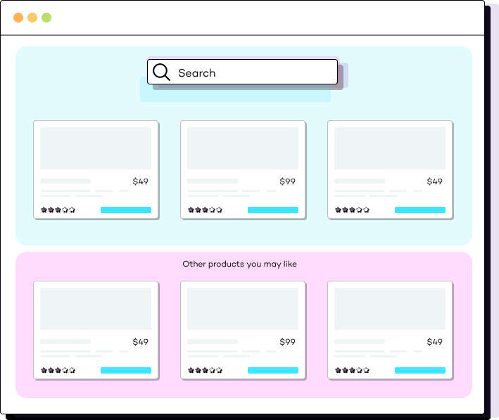 Illustration of search results and product recommendations placed in Shopify theme app blocks