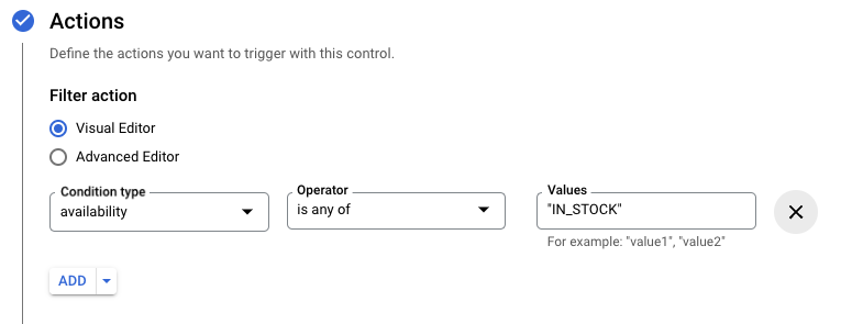 The Visual Editor in the Action settings of a Serving Control